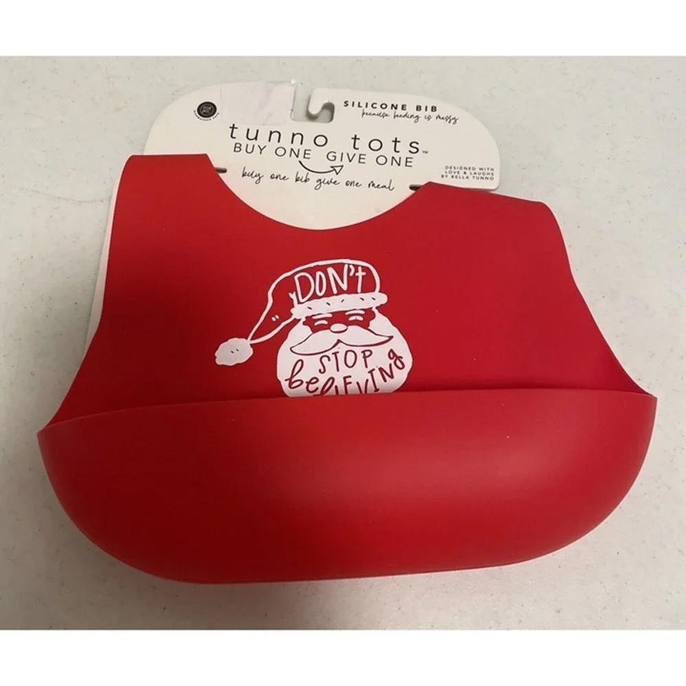 Tunno Tots Red Silicone Don't Stop Believing Santa Christmas Catch Pocket Bib